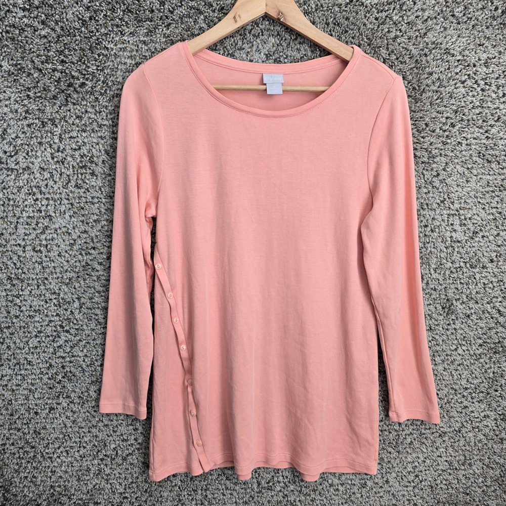 Chicos Top Womens 0 US Small Peach Scoop Neck‎ Tunic Button Accent Casual Ladies